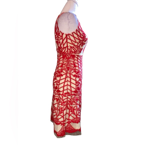 Anthropologie Bold Red Embroidered Dress Mesh Illusion Sleeveless Elegant Summer - Picture 5 of 11